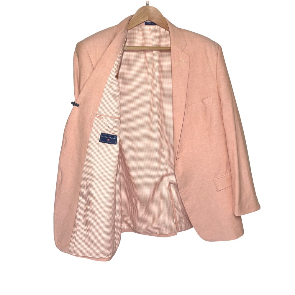 Saddlebred Mens 46L Salmon Pink 100% Cotton Blazer Gingham Lining Sport Coat - Picture 3 of 6